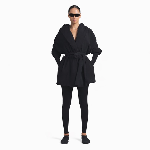 Nike x SKIMS Woven Nylon Wrap Jacket Black Hooded Belted Longline Coat Small - Picture 2 of 5